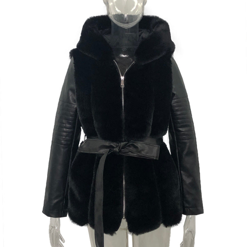 Fur Belt Hooded Zipper Jacket
