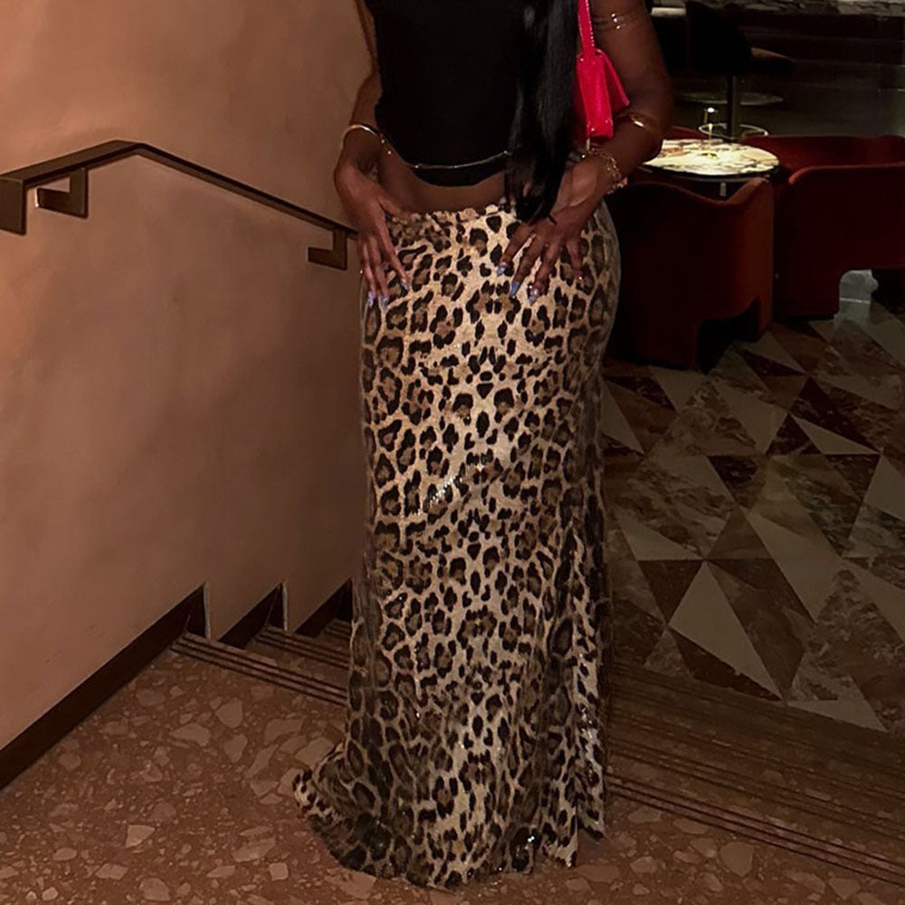 Leopard Print Sequin Stretch Skirt