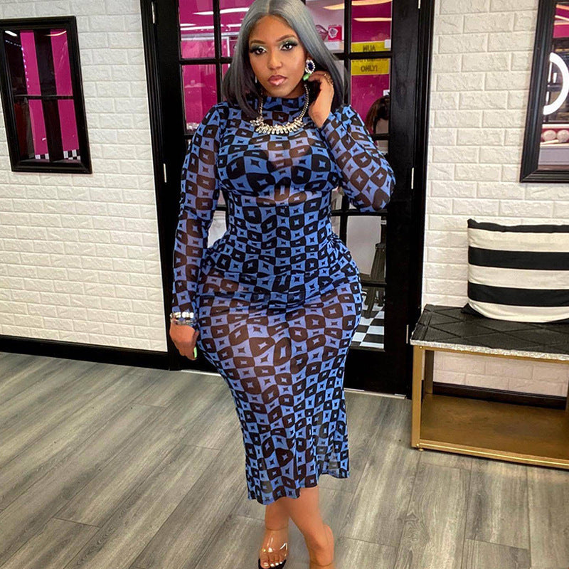 Mesh Printed Stand Collar Transparent Hip Wrap Mid Length Dress