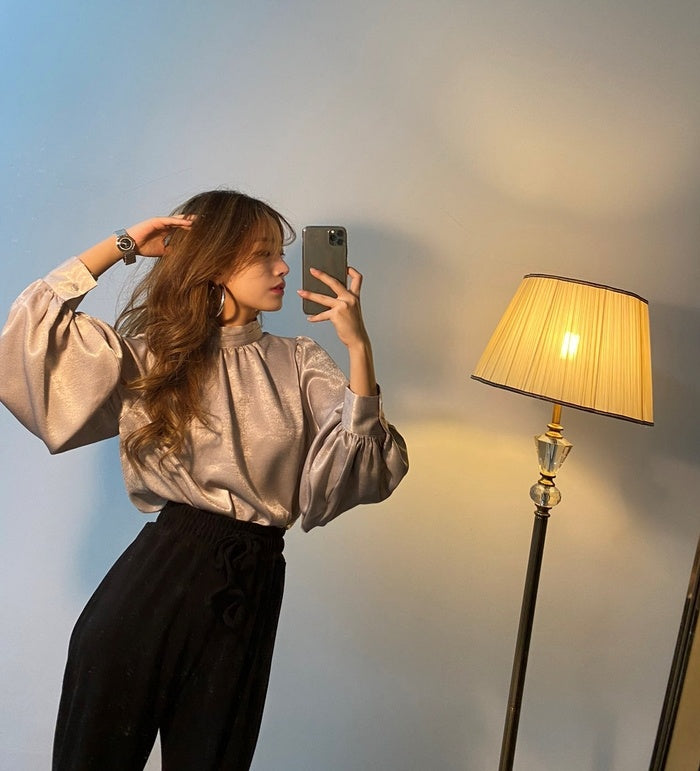 Elegant Satin Balloon Sleeve Blouse