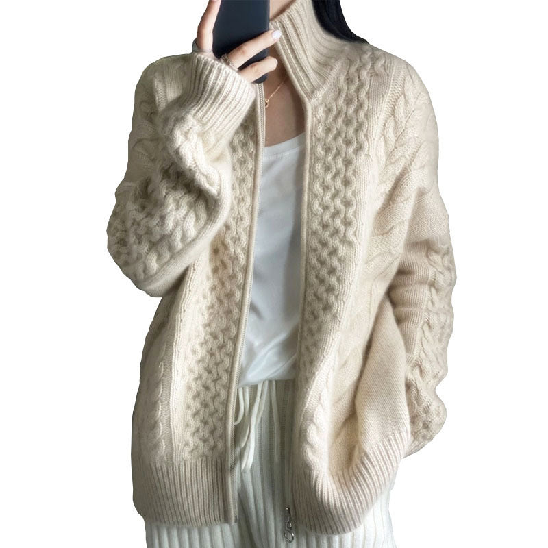 Thick Cashmere High Neck Zipper Cardigan For Women