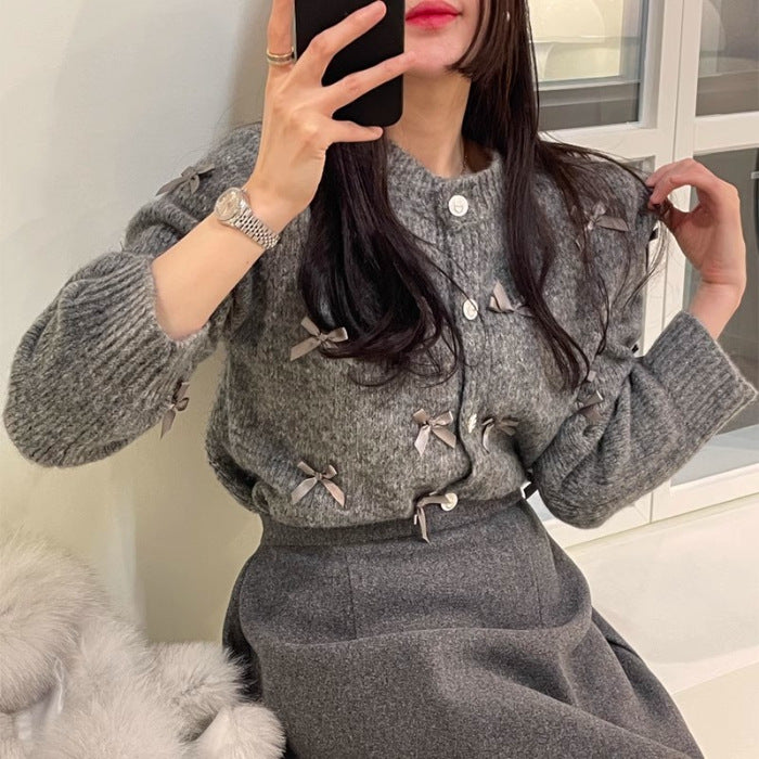 Round Neck Bowknot Knitted Cardigan For Women