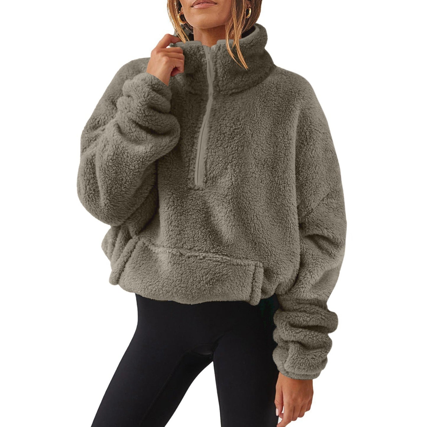 Velvet Fleece-Lined Half Zipped Stand Collar Hoodie For Women